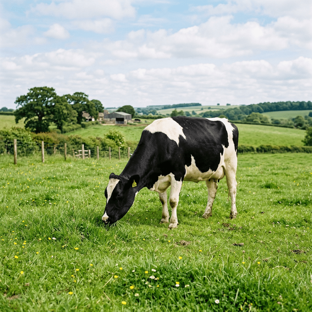 Black and white dairy cow eating grass in a green pasture with farm buildings in the background